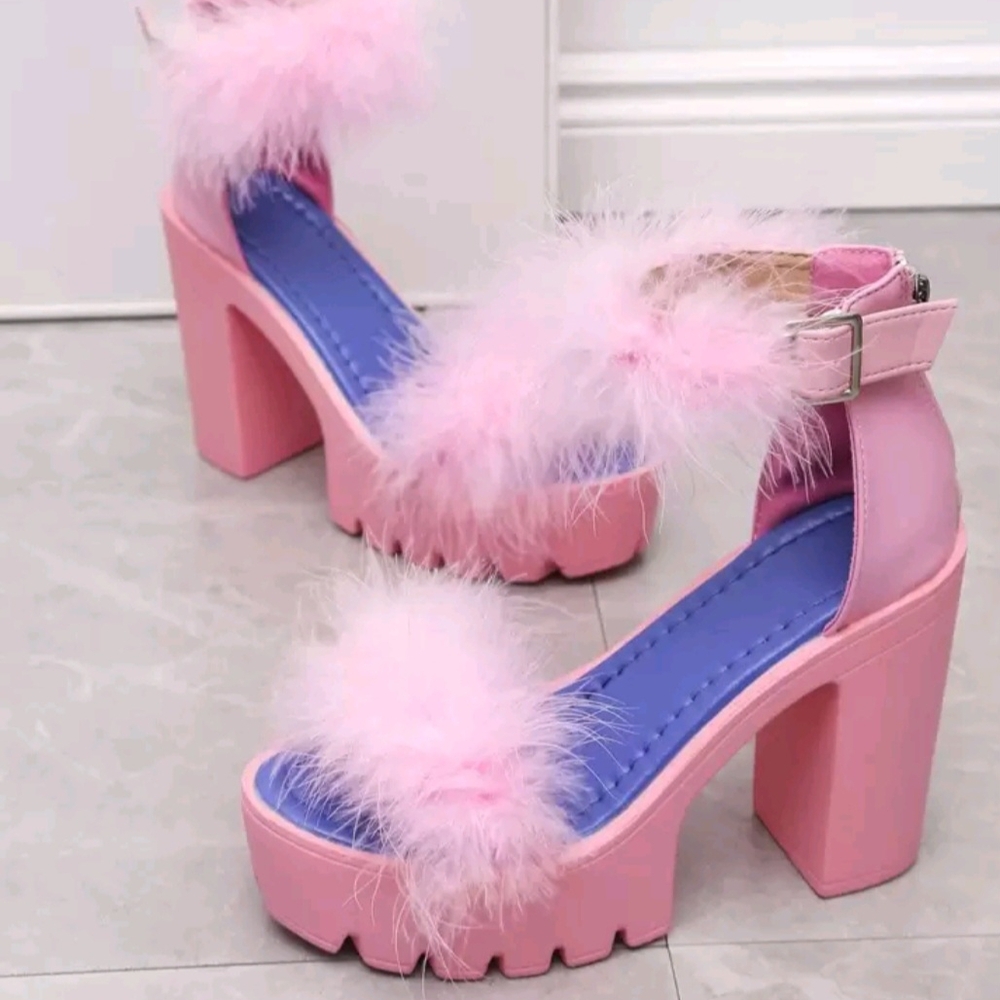 Pink Fluffy Platform Heels